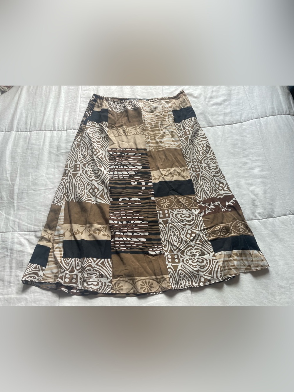 Vintage Silk Brown Patchwork Midi Pull On Slip Skirt Small Goblincore Fairy 90s